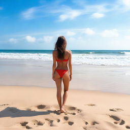 A beautiful woman in a red bikini standing on the sandy beach, looking out to the sea