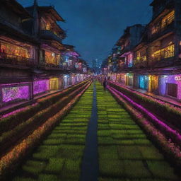 Vietnam envisioned through an electropunk view, featuring neon-lit rice terraces, futuristic versions of the traditional Ao Dai glowing with LED lights, and the buzzing streets of Hanoi awash with a digital, high-energy atmosphere.