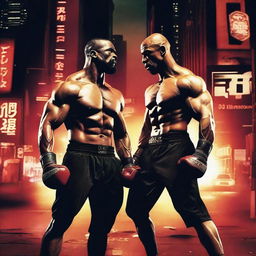 A dynamic and intense fighting movie poster featuring two muscular fighters in a dramatic pose