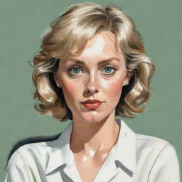 Caricature of a blonde woman with big green eyes and short wavy hair. She is wearing a loose white blouse with a slight neckline, and wide black pants.