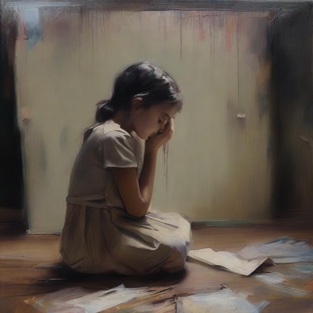 A poignant image depicting a young girl who has lost both her parents, expressing all her sadness through a canvas