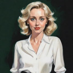 Caricature of a blonde woman with big green eyes and short wavy hair. She is wearing a loose white blouse with a slight neckline, and wide black pants.