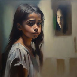 A poignant image depicting a young girl who has lost both her parents, expressing all her sadness through a canvas