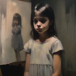 A poignant image depicting a young girl who has lost both her parents, expressing all her sadness through a canvas