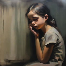 A poignant image depicting a young girl who has lost both her parents, expressing all her sadness through a canvas