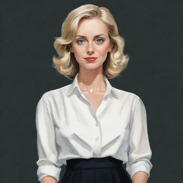 Caricature of a blonde woman with big green eyes and short wavy hair. She is wearing a loose white blouse with a slight neckline, and wide black pants.