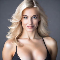 A portrait of a blonde woman with striking features, wearing a black bra