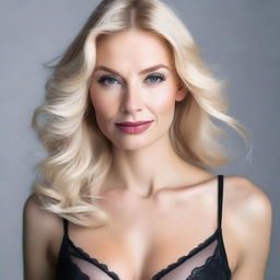 A portrait of a blonde woman with striking features, wearing a black bra