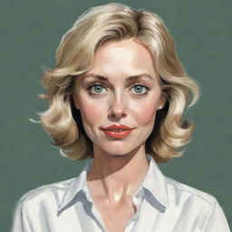 Caricature of a blonde woman with big green eyes and short wavy hair. She is wearing a loose white blouse with a slight neckline, and wide black pants.