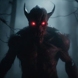 A chilling and terrifying scene from a horror movie featuring a demonic entity named Saithan