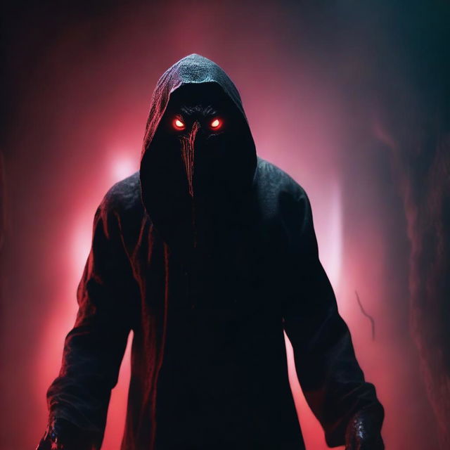 A chilling and terrifying scene from a horror movie featuring a demonic entity named Saithan