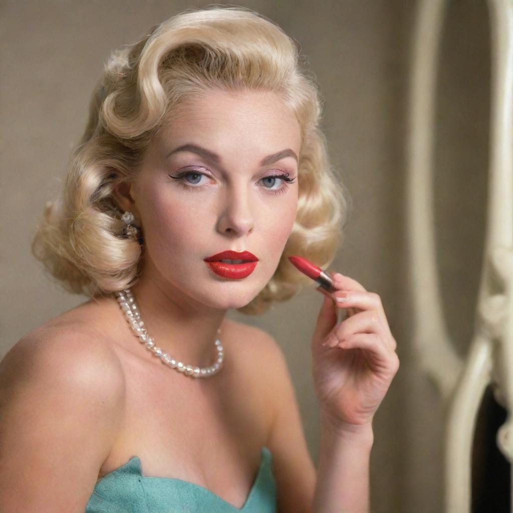 A beautiful blonde 1950s model with vintage glamour, gazing into a mirror and applying lipstick.