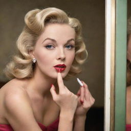 A beautiful blonde 1950s model with vintage glamour, gazing into a mirror and applying lipstick.