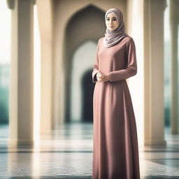 A slender woman wearing a hijab, standing gracefully