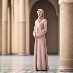 A slender woman wearing a hijab, standing gracefully