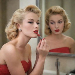 A beautiful blonde 1950s model with vintage glamour, gazing into a mirror and applying lipstick.