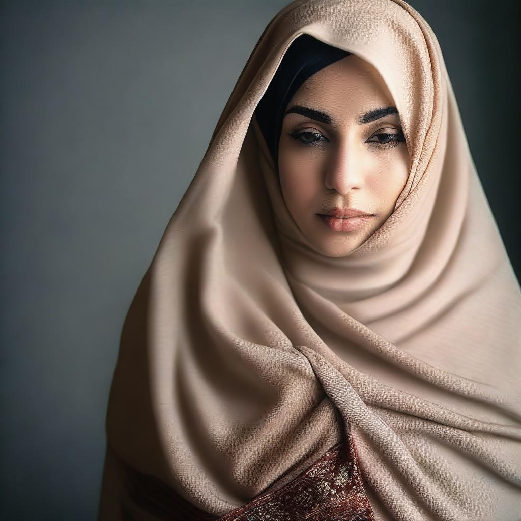 A woman wearing a hijab, in the process of removing her outer garment