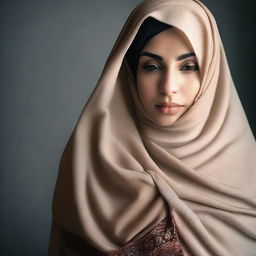 A woman wearing a hijab, in the process of removing her outer garment