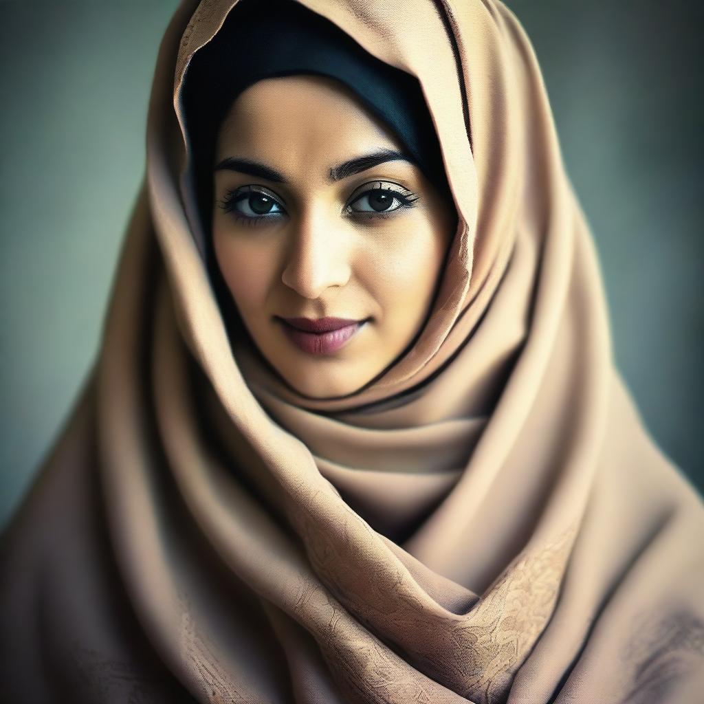 A woman wearing a hijab, in the process of removing her outer garment