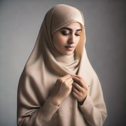 A woman wearing a hijab, in the process of removing her outer garment