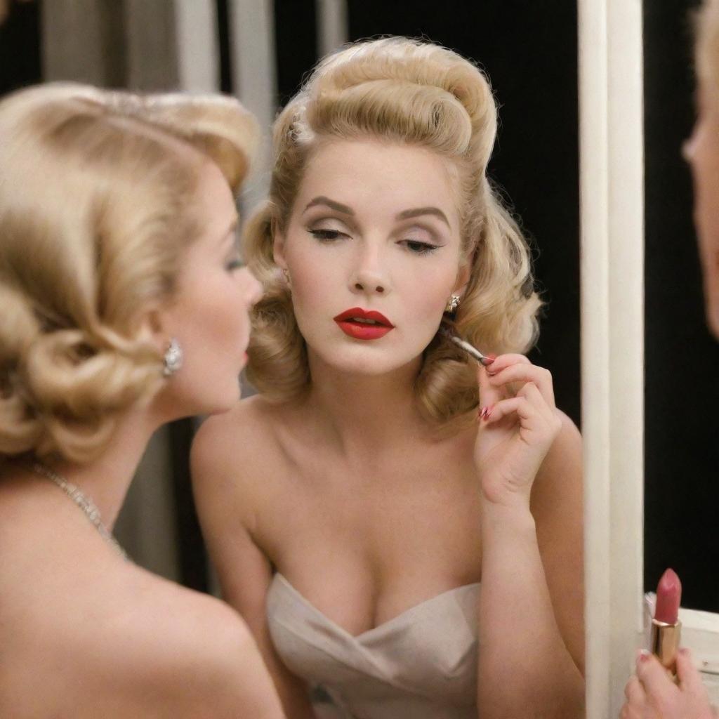 A beautiful blonde 1950s model with vintage glamour, gazing into a mirror and applying lipstick.