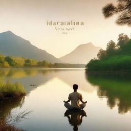 A serene and peaceful scene with a person meditating by a calm lake, surrounded by lush greenery and gentle mountains in the background