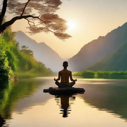 A serene and peaceful scene with a person meditating by a calm lake, surrounded by lush greenery and gentle mountains in the background