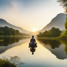 A serene and peaceful scene with a person meditating by a calm lake, surrounded by lush greenery and gentle mountains in the background