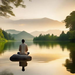 A serene and peaceful scene with a person meditating by a calm lake, surrounded by lush greenery and gentle mountains in the background