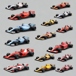 A detailed depiction of all the Formula 1 cars driven by Fernando Alonso throughout his career, illustrated as if they were part of the free online game MiniRacingOnline