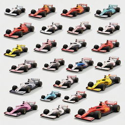 A detailed depiction of all the Formula 1 cars driven by Fernando Alonso throughout his career, illustrated as if they were part of the free online game MiniRacingOnline