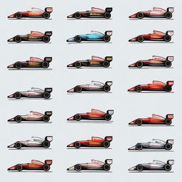 A detailed depiction of all the Formula 1 cars driven by Fernando Alonso throughout his career, illustrated as if they were part of the free online game MiniRacingOnline