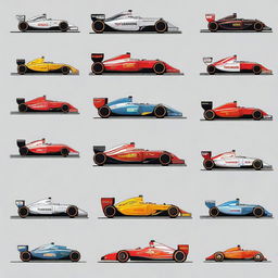 A detailed depiction of all the Formula 1 cars driven by Fernando Alonso throughout his career, illustrated as if they were part of the free online game MiniRacingOnline