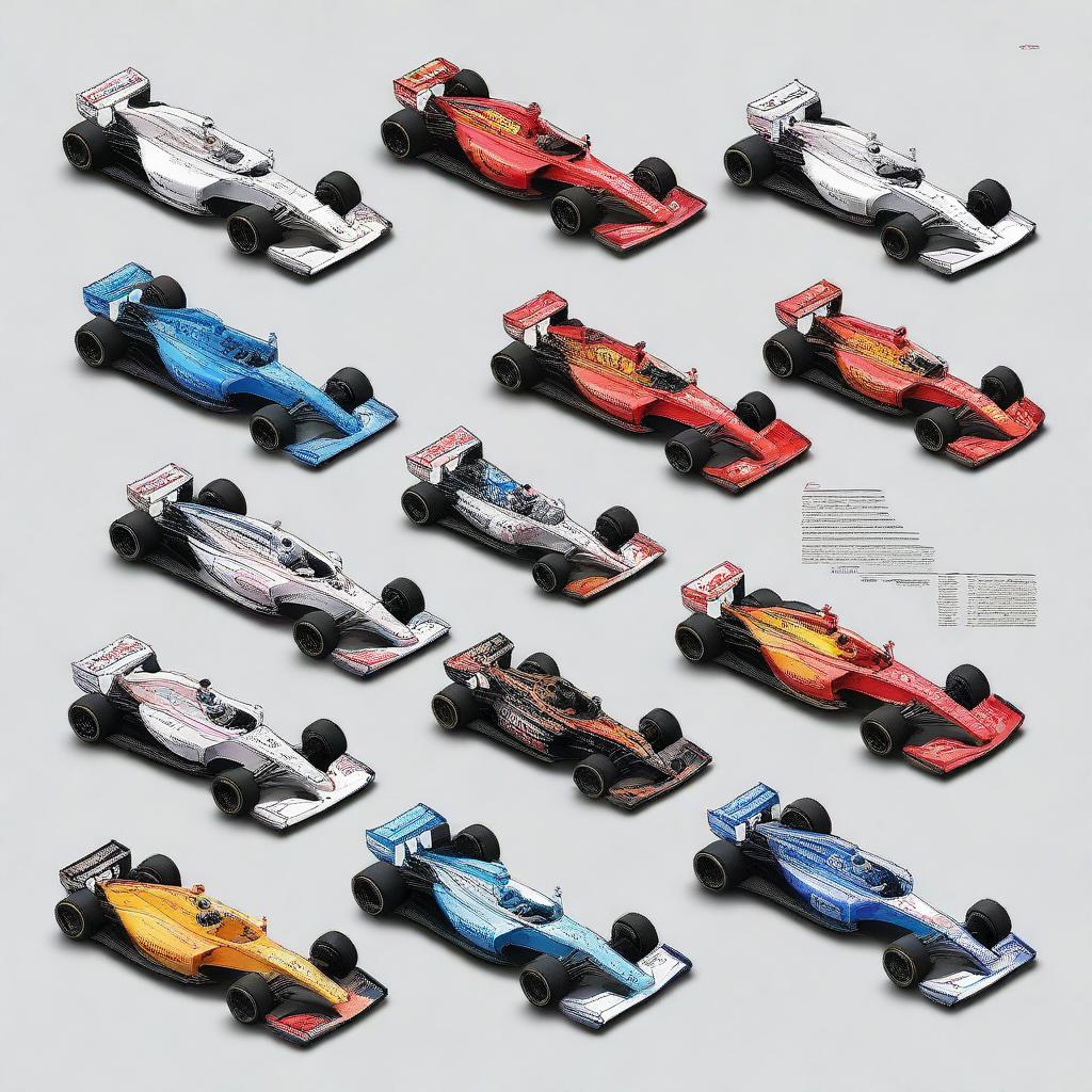 A detailed illustration featuring all the cars driven by Fernando Alonso throughout his racing career