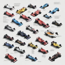 A detailed illustration featuring all the cars driven by Fernando Alonso throughout his racing career