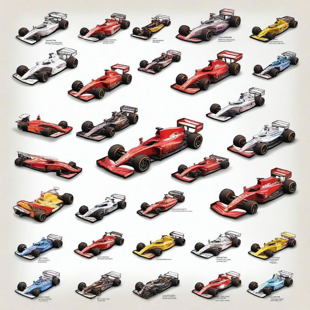 A detailed illustration featuring all the cars driven by Fernando Alonso throughout his racing career