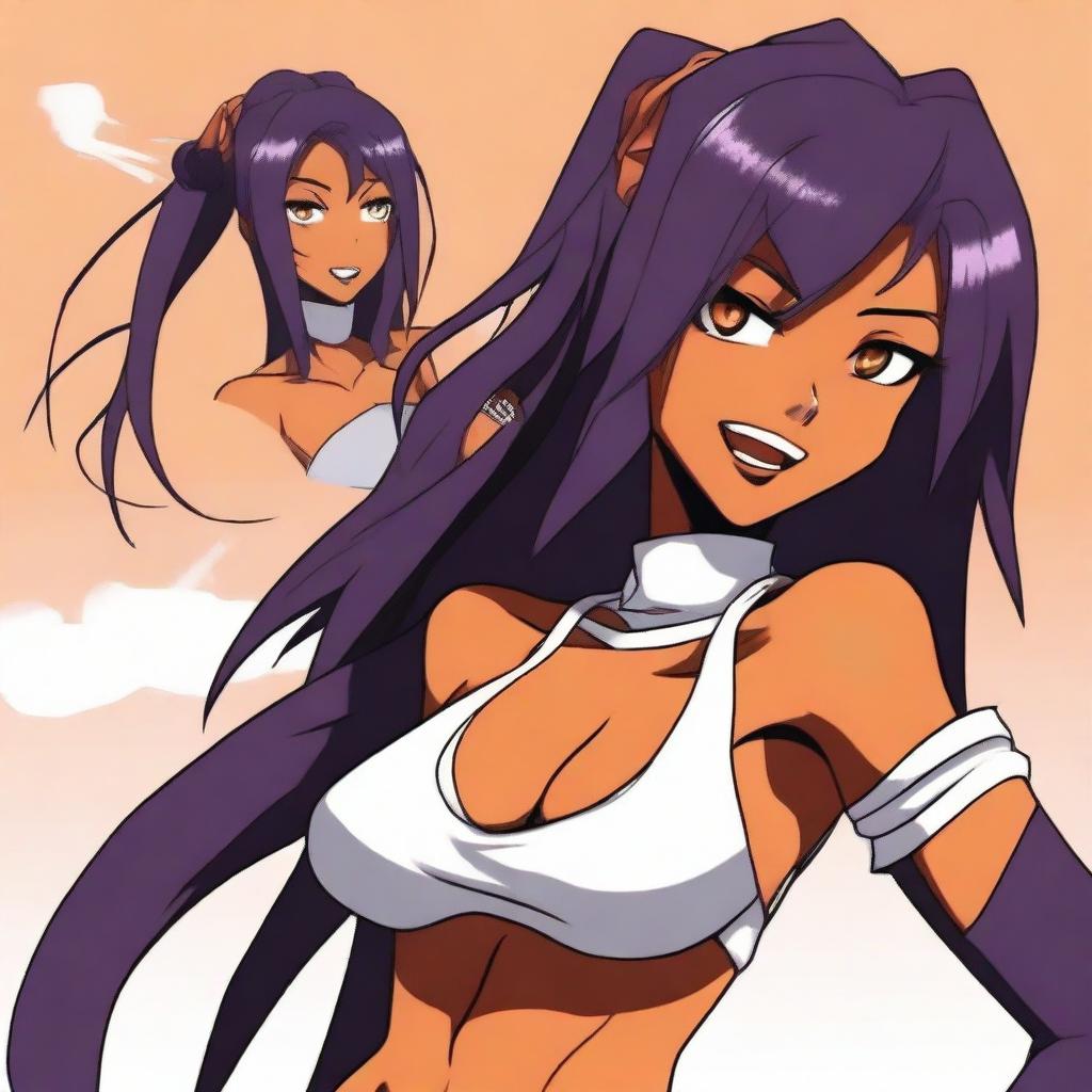 Create an image of Yoruichi from the anime Bleach making an ahegao face