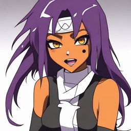 Create an image of Yoruichi from the anime Bleach making an ahegao face