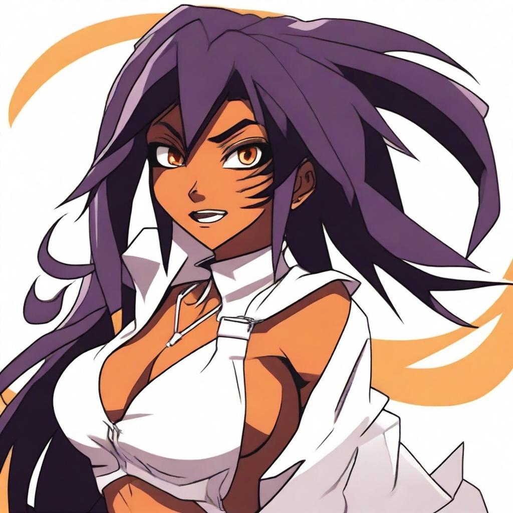 Create an image of Yoruichi from the anime Bleach making an ahegao face