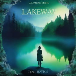 A fantasy adventure novel cover featuring a dark blue lake surrounded by a dense forest