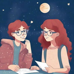 Generate a contemporary illustration of a red-haired teenage girl with a dreamy expression, looking at the stars through a telescope on a balcony