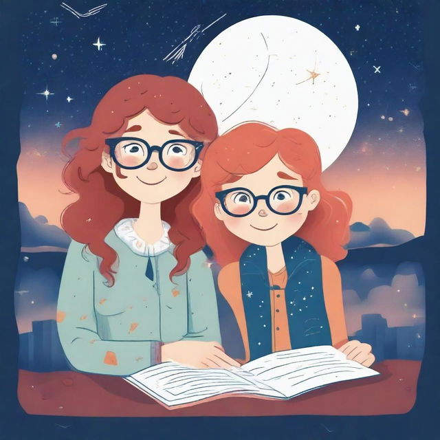 Generate a contemporary illustration of a red-haired teenage girl with a dreamy expression, looking at the stars through a telescope on a balcony