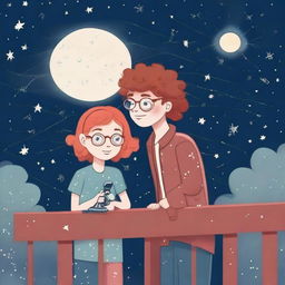 Generate a contemporary illustration of a red-haired teenage girl with a dreamy expression, looking at the stars through a telescope on a balcony