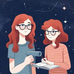 Generate a contemporary illustration of a red-haired teenage girl with a dreamy expression, looking at the stars through a telescope on a balcony