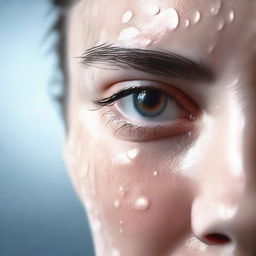 A hyper-realistic close-up image of sweat dripping from a person's forehead