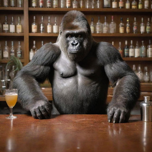 A gorilla dressed in a bartender's attire, skillfully mixing drinks behind a bustling and elaborate bar.