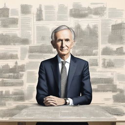 A detailed illustration of Bernard Arnault and his journey in building LVMH into a luxury goods empire