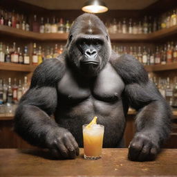 A gorilla dressed in a bartender's attire, skillfully mixing drinks behind a bustling and elaborate bar.