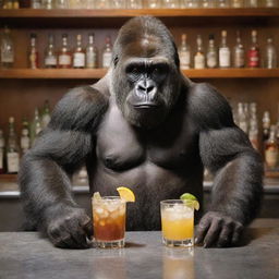 A gorilla dressed in a bartender's attire, skillfully mixing drinks behind a bustling and elaborate bar.