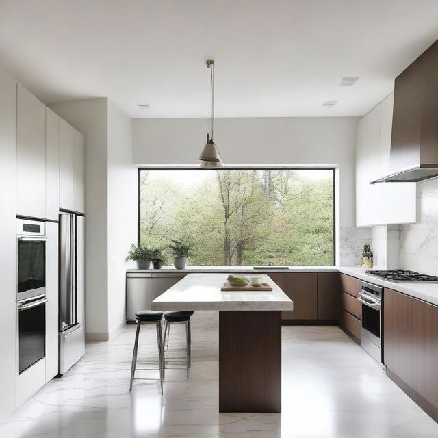 A modern kitchen redesign featuring sleek cabinets, a large island with bar stools, stainless steel appliances, and marble countertops